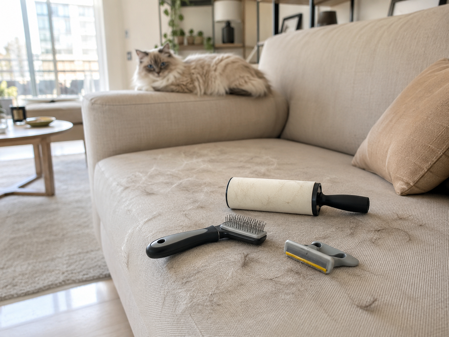 Reusable lint roller and grooming tools on a sofa with pet hair and a cat in a Dubai home.
