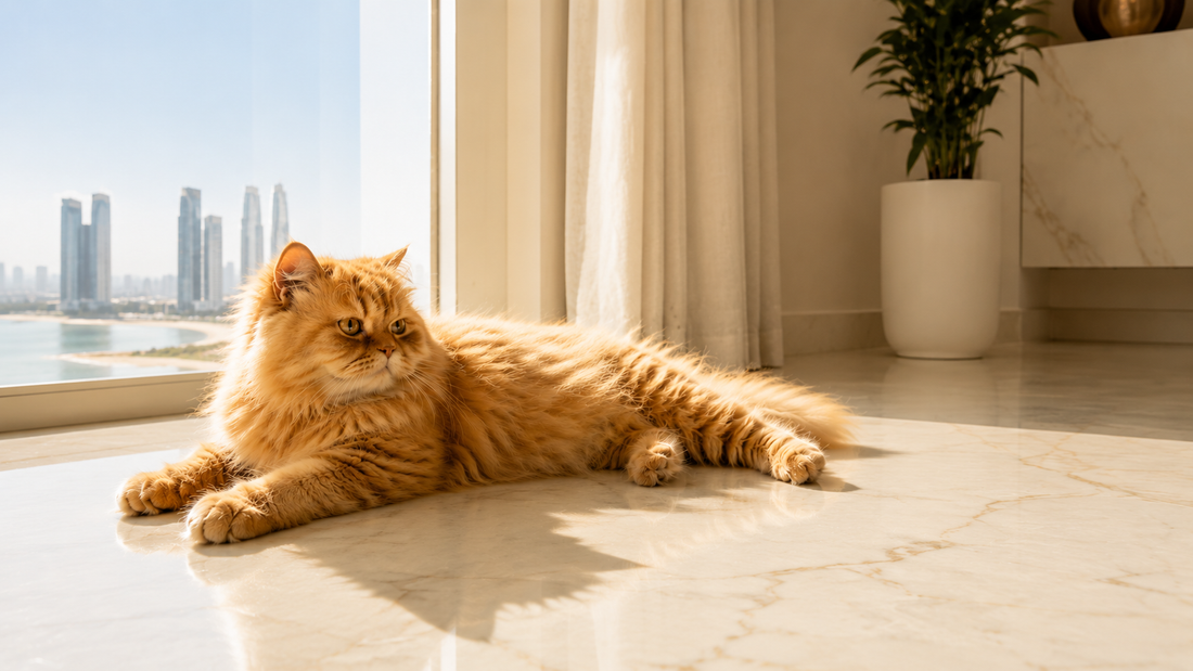 Ginger Persian cat shedding fur in summer heat — Abu Dhabi UAE pet owner guide by Twirly