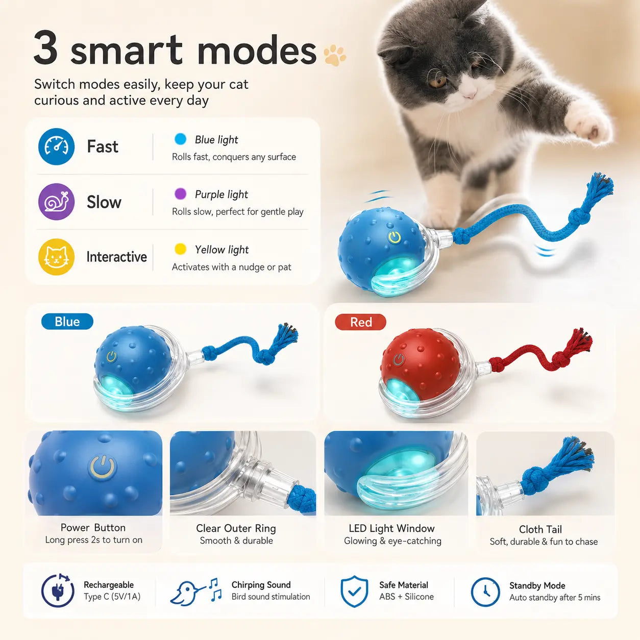 Automatic rolling ball 3 smart modes fast slow interactive