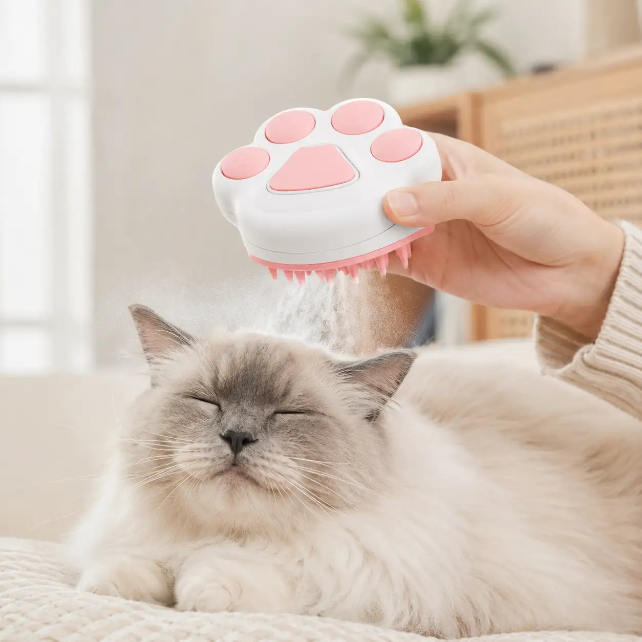 Pet steam brush grooming a long-haired white cat