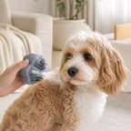 Pet steam brush used for dog coat care and grooming
