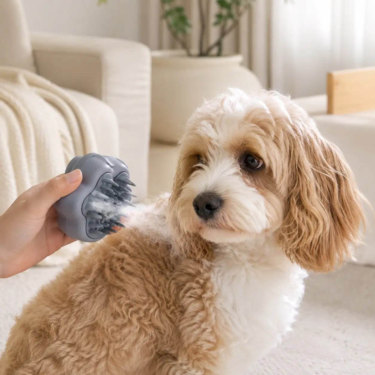 Pet steam brush used for dog coat care and grooming
