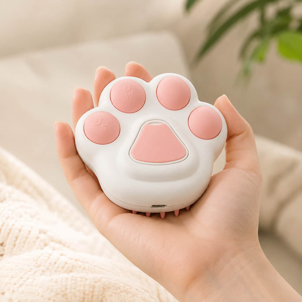 Pink pet steam brush close-up in hand